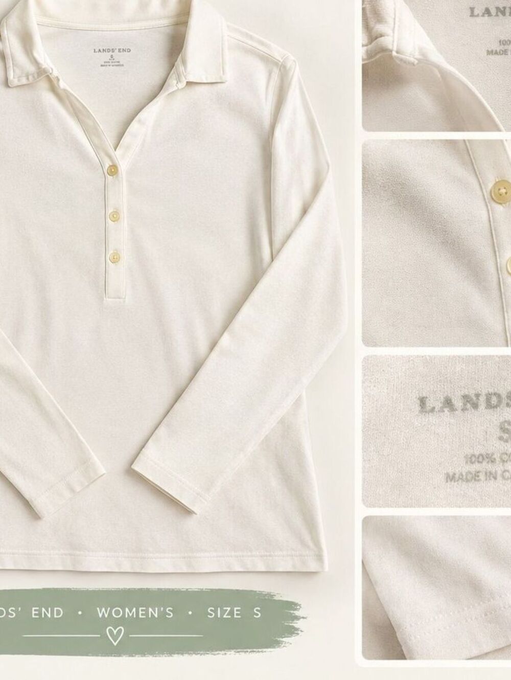 Lands' End Women's Long Sleeve Polo Shirt Size Small Cream 100% Cotton